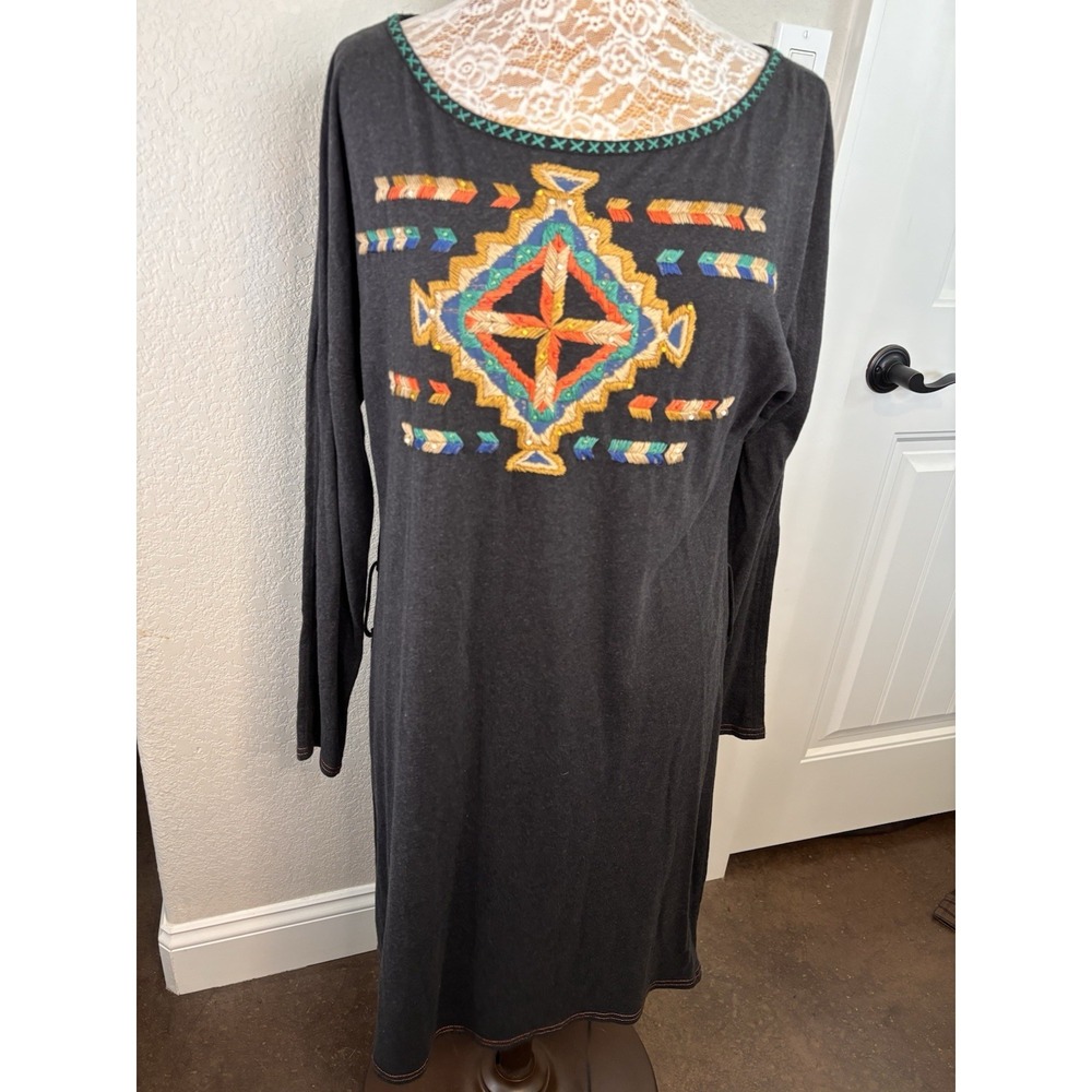 Double D Ranch XL Embroidered Southwestern Aztec Cotton Long Sleeve Dress Boho